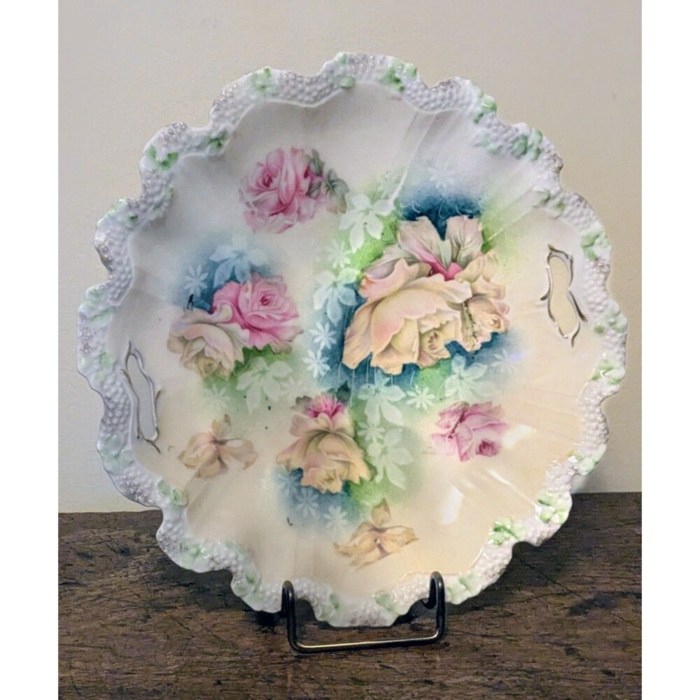 Antique Handled Porcelain Serving Dish Plate Yellow Pink Cabbage Roses Beaded...